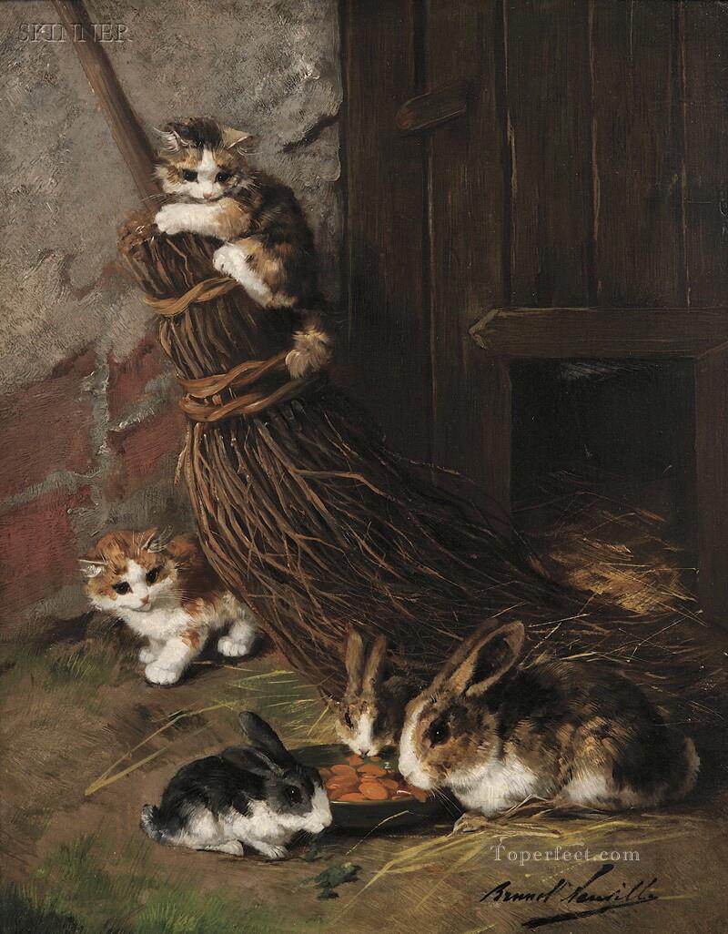 Kätzchen am Spiel mit Kaninchen auf Feed Alfred Brunel de Neuville Ölgemälde